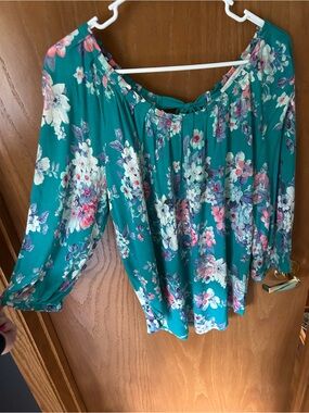 LC Lauren Conrad Teal Floral Peasant Blouse